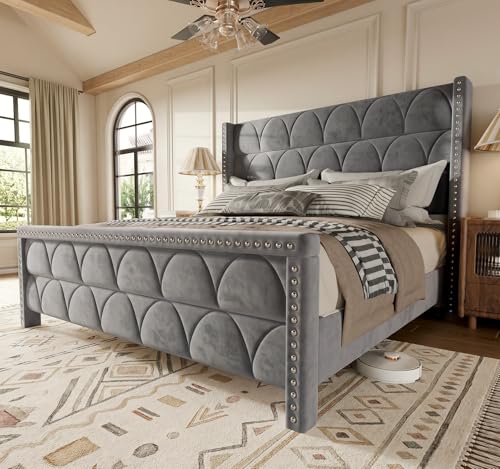 King Size Bed Frame with 56" Headboard - Velvet Upholstered Wingback Platform Bed Frame, Noise Free, Sturdy Wooden Slat Support (Deep Gray, King)