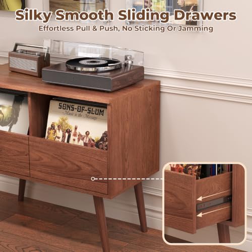Mid Century Modern Record Player Stand with Vinyl Storage, Brown | Turntable Stand with Solid Wood Legs, 7“/10"/12" Vinyl Record Storage Cabinet, for Living Room, Music Corner