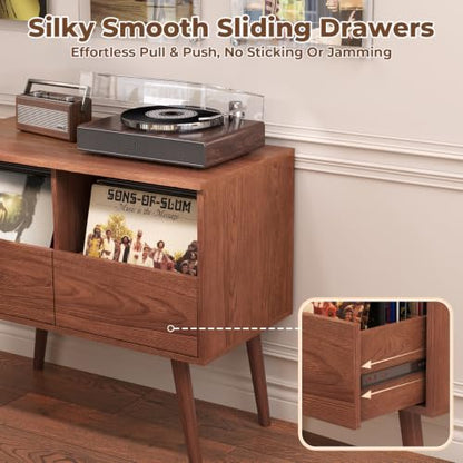 Mid Century Modern Record Player Stand with Vinyl Storage, Brown | Turntable Stand with Solid Wood Legs, 7“/10"/12" Vinyl Record Storage Cabinet, for Living Room, Music Corner