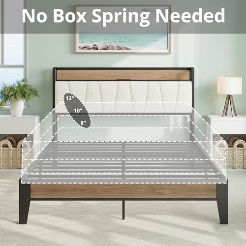Queen Bed Frames, Storage Headboard with Charging Station, Solid and Stable, Noise Free, No Box Spring Needed, Easy Assembly, Wood and Cream