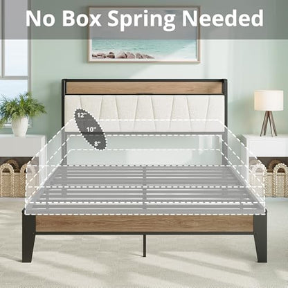 Queen Bed Frames, Storage Headboard with Charging Station, Solid and Stable, Noise Free, No Box Spring Needed, Easy Assembly, Wood and Cream