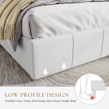 Full Size Bed Frame, Velvet Upholstered Platform Bed, Vertical Channel Tufted Adjustable Headboard, Low Profile Bed Frame, No Box Spring Needed, Easy Assembly, White