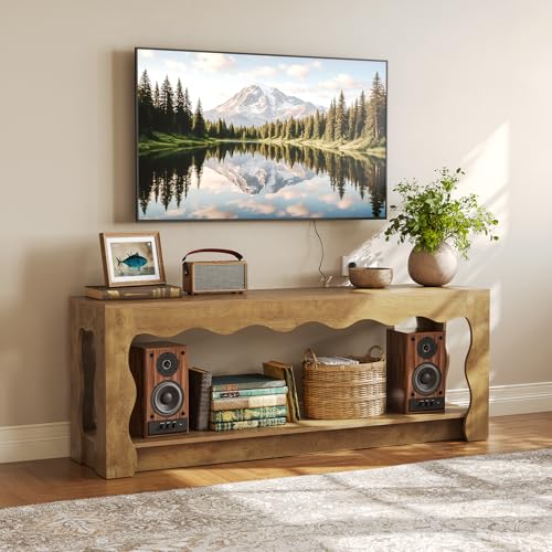 TV Stand for 65 Inch TV, Wooden Entertainment Center with Storage Cabinets, Farmhouse TV Media Console Table for Living Room, Bedroom, Open Shelf, Brown