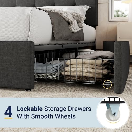 Upholstered Queen Size Platform Bed Frame with 4 Storage Drawers and Headboard, Square Stitched Button Tufted, Mattress Foundation with Wooden Slats Support, No Box Spring Needed, Dark Grey