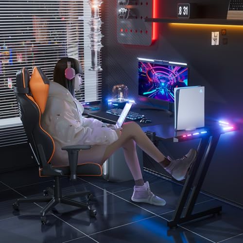 55 Inch Gaming Desk Z Shaped Carbon Fiber Computer Desk with LED | Ergonomic Gamer Desk for Home Office, Large PC Table with Cup Holder Headphone Hook and Spacious Desktop for Gaming Setup