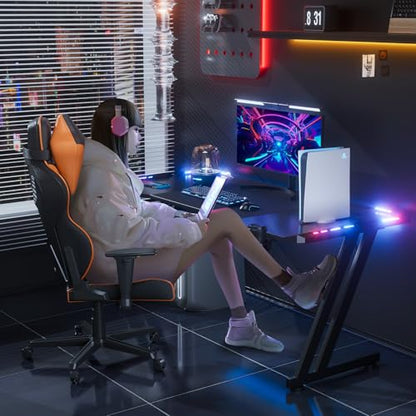 55 Inch Gaming Desk Z Shaped Carbon Fiber Computer Desk with LED | Ergonomic Gamer Desk for Home Office, Large PC Table with Cup Holder Headphone Hook and Spacious Desktop for Gaming Setup