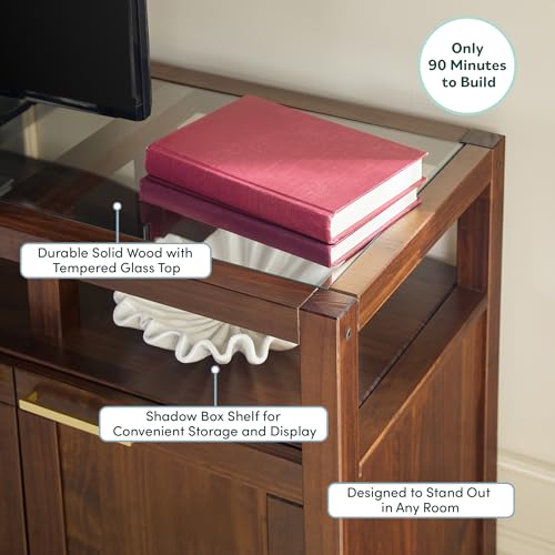 Isla Modern Solid Wood TV Stand with Tempered Glass Top and Shadow Box Shelf, 58 Inch, Walnut