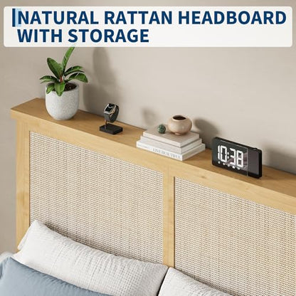 GAOMON Full Size Wood Bed Frame with LED Light and Rattan Headboard