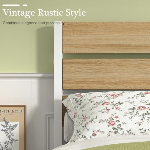 Full Size Bed Frame - Heavy-Duty Metal Platform with Wood Headboard, No Box Spring Needed, Natural Wood