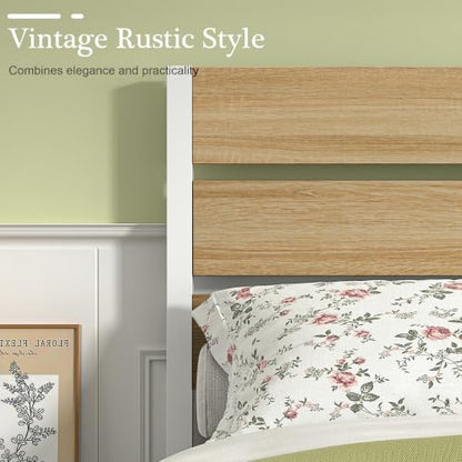 Full Size Bed Frame - Heavy-Duty Metal Platform with Wood Headboard, No Box Spring Needed, Natural Wood