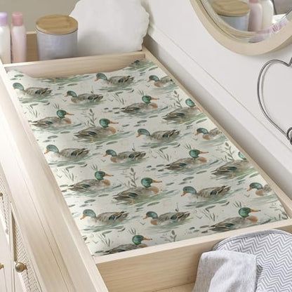 Watercolor Mallard Duck Leaves Baby Changing Pad Cover, Unisex Duck Nursery Diaper Changing Table Pad Mat Sheet for Boys Girls-16x32