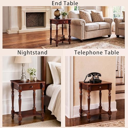 Solid Wood Side Table with Drawer, Victorian Style Vintage Nightstand, Antique Cherry Wood End Tables Living Room Bedroom, 19.7x15.7x27.6 inch, No-Tools Assembly, Cherry Walnut GBJ-1533-WD