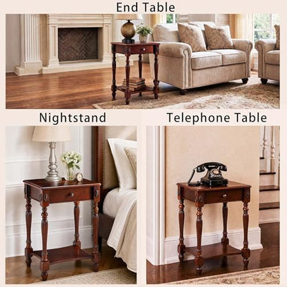 Solid Wood Side Table with Drawer, Victorian Style Vintage Nightstand, Antique Cherry Wood End Tables Living Room Bedroom, 19.7x15.7x27.6 inch, No-Tools Assembly, Cherry Walnut GBJ-1533-WD