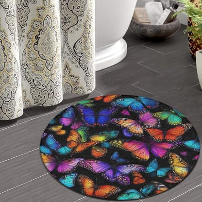 Home Decor Non Slip Kitchen Office Circle Rug, Machine Washable Modern Round Area Rug, Room Sofa Yoga Soft Round Carpet Colorful Butterflies Butterfly Art, 60inch
