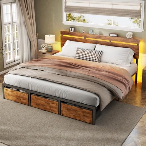 King Size Bed Frame with Wood Headboard,3 Storage Drawers & Shelf