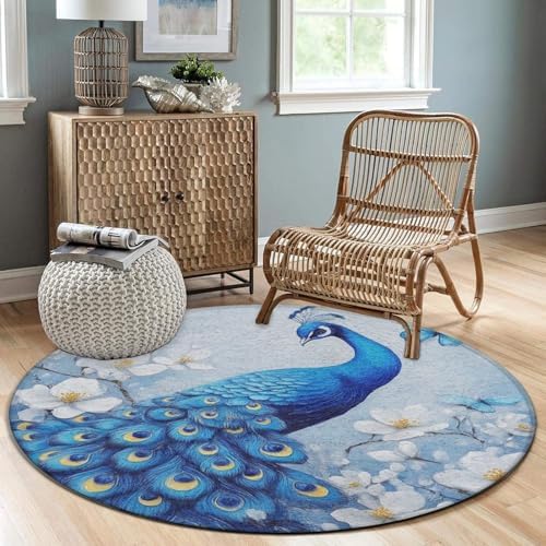 Home Decor Non Slip Kitchen Office Circle Rug, Machine Washable Modern Round Area Rug, Room Sofa Yoga Soft Round Carpet Blue Peacock and White Flowers, 36inch