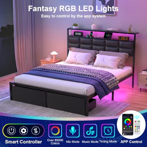 Full Bed Frame with 2 Storage Drawers, LED Lights & Charging Station, Upholstered Headboard with Shelves, Heavy Duty Metal Platform, No Box Spring Needed, Noise Free, Easy Assembly