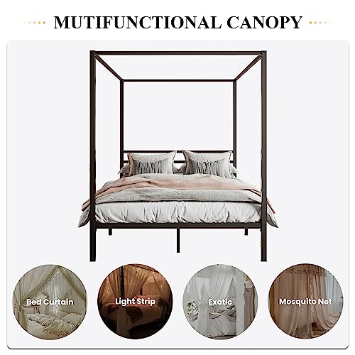 Queen Size Canopy Bed Frame with Heavy Duty Metal Slats, Black