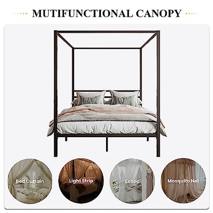 Queen Size Canopy Bed Frame with Heavy Duty Metal Slats, Black