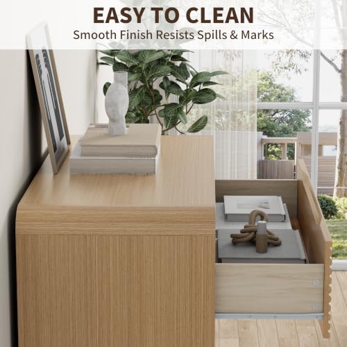 Oak Fluted 5 Drawer Dresser for Bedroom,47" Tall Modern Chest of Drawer | Curved Profile Design, Anti-Tip Kit, Smooth Slides, Wood Mid Century Storage Dresser Organizer for Living Room, Entryway