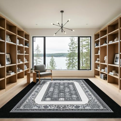 9'x12' Charcoal Gray Cat Motif with Vine Border Washable Area Rug