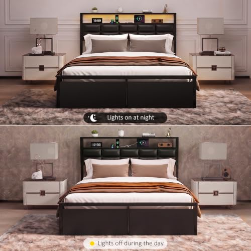 Full Bed Frame with 2 Storage Drawers, LED Lights & Charging Station, Upholstered Headboard with Shelves, Heavy Duty Metal Platform, No Box Spring Needed, Noise Free, Easy Assembly