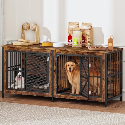 71 Inch Double Dog Crate Furniture for 2 Dogs, Wooden Dog Crate End Table for Medium/Large Dogs, Dog Kennel Furniture with Divider & Double Metal Doors, Rustic Brown and Black TGW02BF
