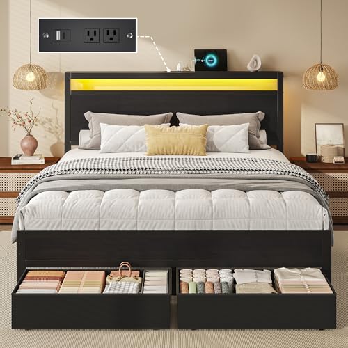Queen Bed Frame with Storage, Wood Headboard with Fast Charging Station, LED Lights, Platform Bed Frame Queen Size, Fabric Drawers with Wheels, No Box Spring Needed, Noise Free, Black