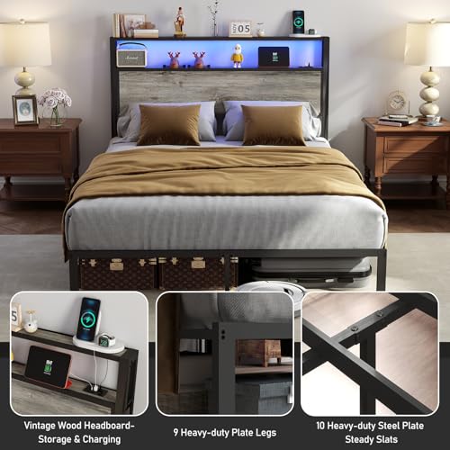 Queen Size Bed Frame with 2-Tier Storage Headboard, Rustic Grey | Wooden headboard with LED lights, built-in charging station, No Box Spring Needed, Noise Free, Easy Assembly, Modern Bedroom