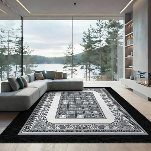9'x12' Charcoal Gray Cat Motif with Vine Border Washable Area Rug