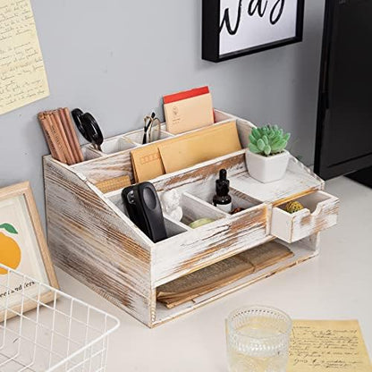 Wood Desk Drawer Organizers with File Organizer Pen holder Office Decor combo Organization Home Can Arrange calculators scissors pens note papers, etc. (washed white)
