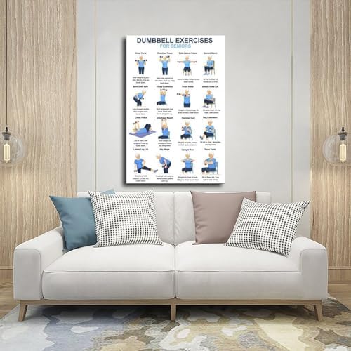 Dumbbell Exercises for Seniors 16 Step Seated And Standing Strength Workout Balance Stability Training Canvas Poster Wall Art for Living Room Bedroom Decor Frame 12x18inch