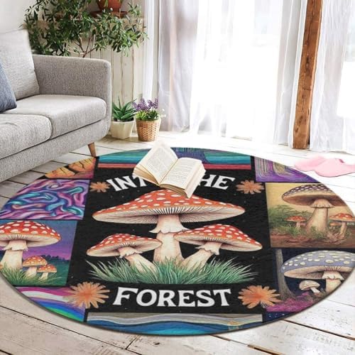 Large Home Decor Mat, Soft Round Yoga Carpet, Non Slip Machine Washable Kitchen Office Circle Rug Trippy Mushroom