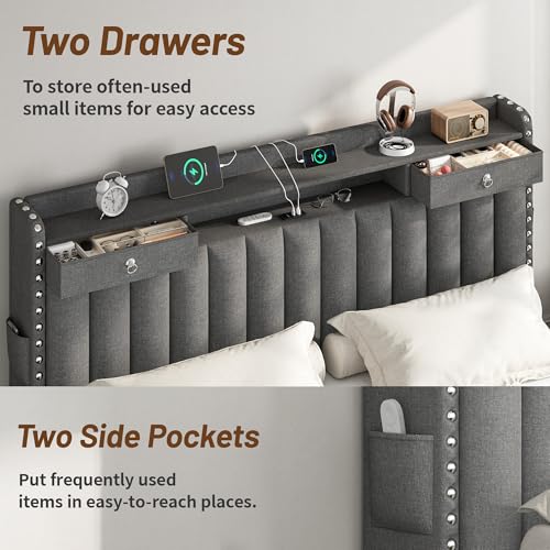 King Size Bed Frame with 4 Storage Drawers and Headboard & Dark Grey
