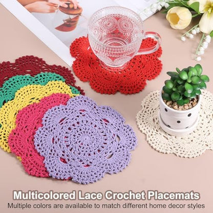 uxcell 6 Pcs Crochet Handmade Cotton Placemat Doilies for Table 7.9" Red