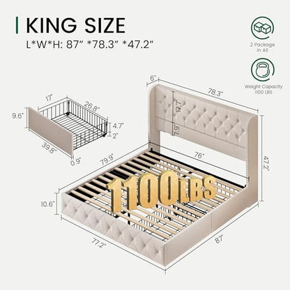 King Size Bed Frame with 4 Storage Drawers and 47.2" Tall Tufted Headboard Linen Upholstered Platform Bed Frame Wingback Beds with Wooden Slats Support, Easy Assembly, Beige
