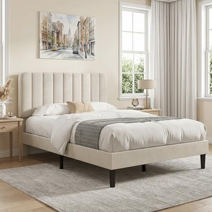 Queen Size Bed Frame with Upholstered Headboard, Velvet Platform Bedframe Mattress Foundation, Strong Wood Slat Support, No Box Spring Needed,Bone Beige