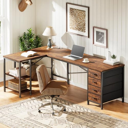 55 Inch L Shaped Desk with Fabric Drawers, Reversible Computer Gaming Desk with Power Outlets and USB-C Port, Adjustable Side Storage Shelves, for Work Corner Home Office, Rustic Brown