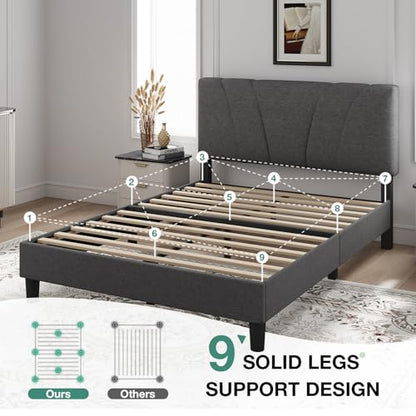 Queen Size Bed Frame Upholstered Queen Bed Frame with 3-Height Adjustable Headboard, Strong Weight Capacity, No Box Spring Needed, Easy Assembly, Grey