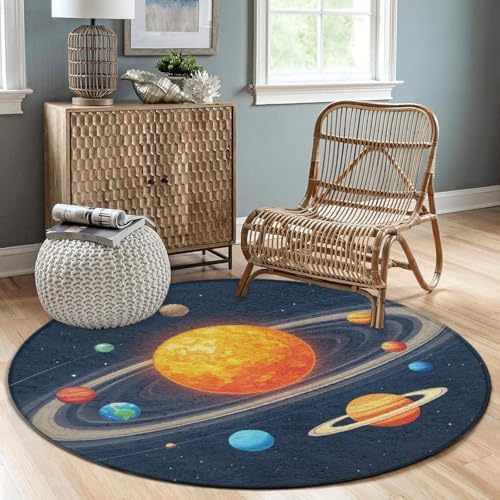 Women's Large Home Decor Mat, Soft Round Yoga Carpet, Non Slip Machine Washable Home Office Circle Rug Solar System Space