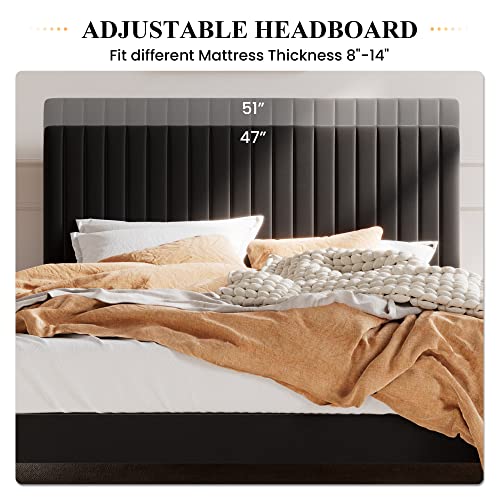 Queen Upholstered Platform Bed Frame with Adjustable Headboard/Vertical Channel Tufted Velvet Fabric/Wooden Slats Support/Mattress Foundation/Box Spring Optional/Black