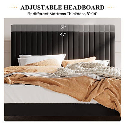 Queen Upholstered Platform Bed Frame with Adjustable Headboard/Vertical Channel Tufted Velvet Fabric/Wooden Slats Support/Mattress Foundation/Box Spring Optional/Black