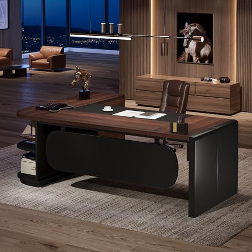 Tribesigns 80'' L-Shaped Desk, Large Executive Office Desk with 55'' Drawers Cabinet, Modern Computer Table with Storage Shelves, Business Furniture for Home Office, Walnut & Black