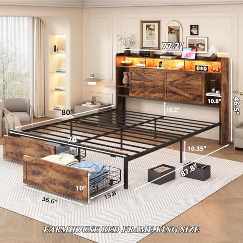King Size Bed Frames with Storage Headboard and 4 Drawers, Farmhouse Platform Bed Frame with Charging Station & LED Lights, Metal Slats Support, Noise Free, No Box Spring Needed, Rustic Brown