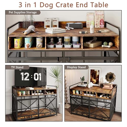 Dog Crate Furniture, 48" Heavy Duty Wooden Dog Crate End Table, XL Dog Kennel Furniture Large Breed, Decorative Dog Kenne Indoor with 3 Drawers & Steel Tubes 48" L x28 W x36 H (Rustic Brown)
