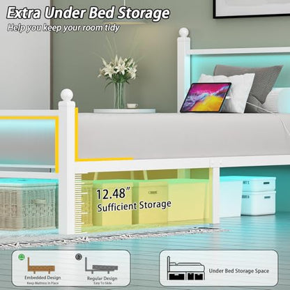 Twin Bed Frames with Headboard and Footboard,White Metal Platform Bed Frame with RGB LED Lights and USB Charging Station,Under Bed Storage,No Box Spring Needed,Suitable for Bedrooms