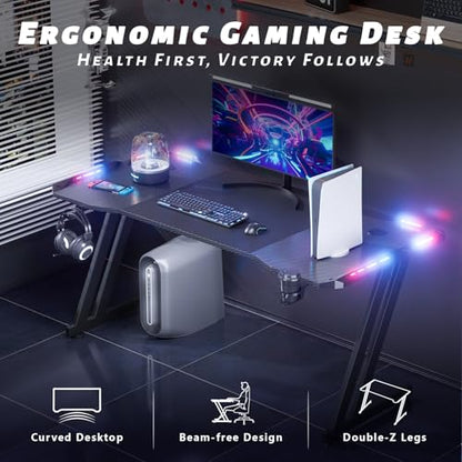 55 Inch Gaming Desk Z Shaped Carbon Fiber Computer Desk with LED | Ergonomic Gamer Desk for Home Office, Large PC Table with Cup Holder Headphone Hook and Spacious Desktop for Gaming Setup