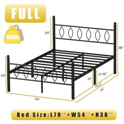 Full Size Bed Frame with Headboard, 14 Inch Classic Metal Platform Bed Frame, Under Bed Storage, No Box Spring Needed, Easy Assembly, Black