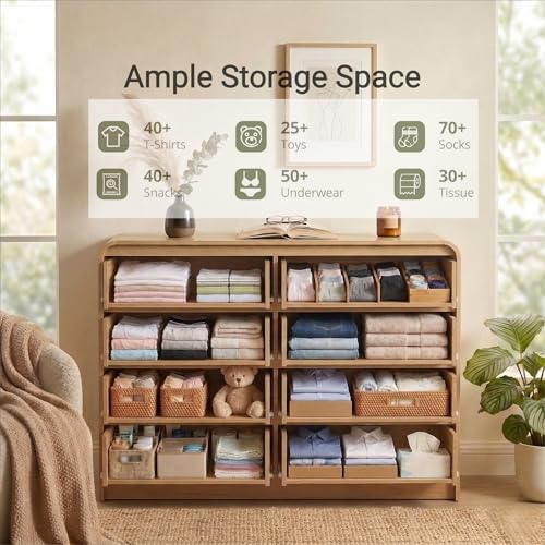 Fluted 8 Drawers Dresser for Bedroom, 55" Wide Wooden Dresser with Metal Handle, Curved Profile Design, Modern Storage Organizer for Bedroom, Living Room, Hallway, Natural Oak