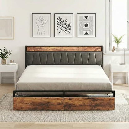 King Size Bed Frame with 2 Drawers and Charging Station | Platform Bed with Upholstered Storage Headboard, No Box Spring Needed, Easy Assembly, Sturdy, Industrial Brown and Gray